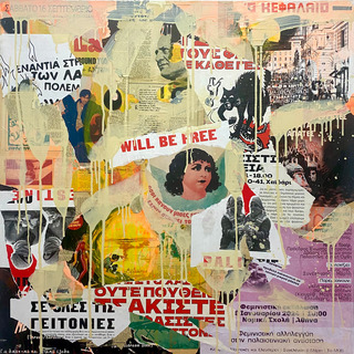 will be free. poster collage + acrylic on canvas. 100x100 cm.